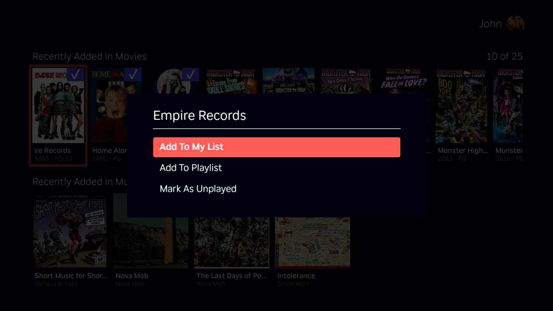 Option menu displayed when you have an item focused and press the * button