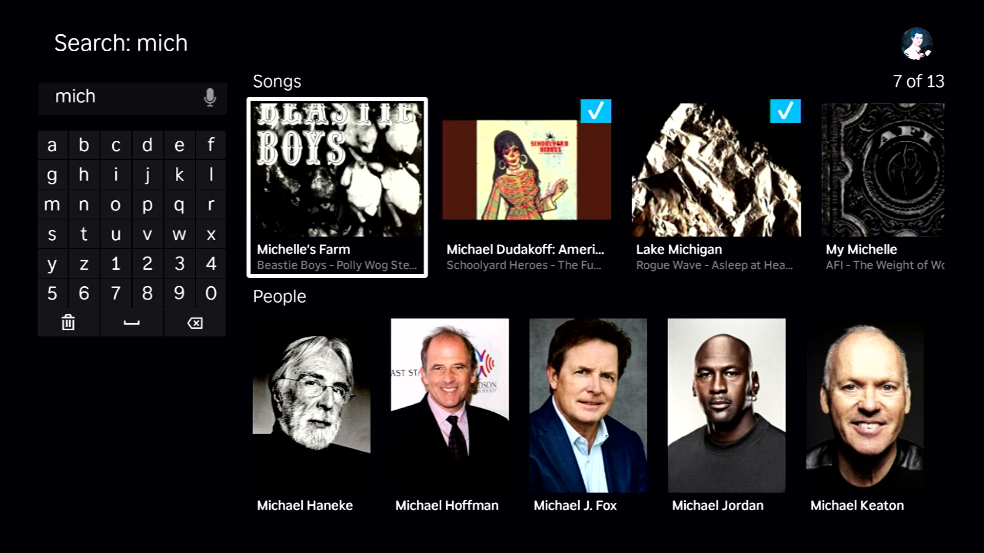 Search results showing songs and people