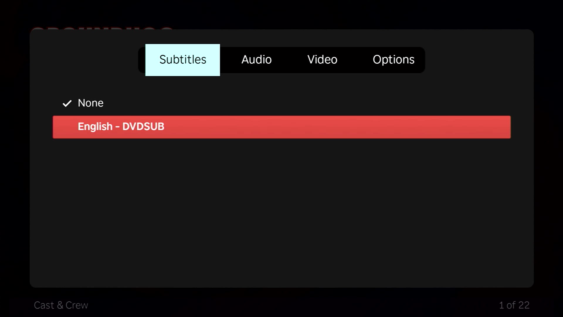 Popup dialog showing user selecting subtitles prior to playing a movie